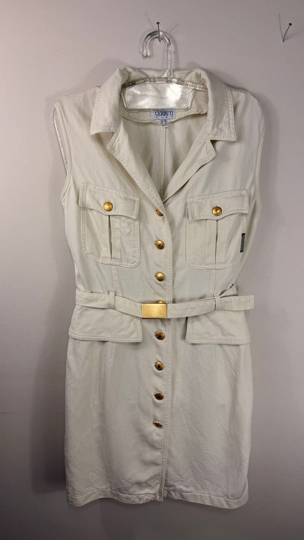 Robe chemise Frippindealz Cerruti 1881 crème sans manches en tencel avec boutons dorés et ceinture assortie