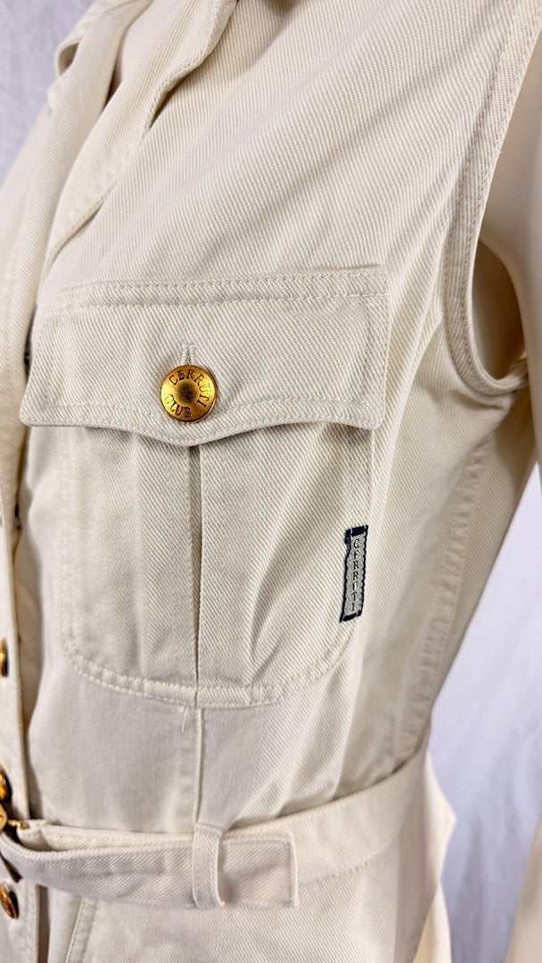 Robe chemise Frippindealz Cerruti Club crème sans manches en tencel avec poches à rabat et boutons dorés gravés