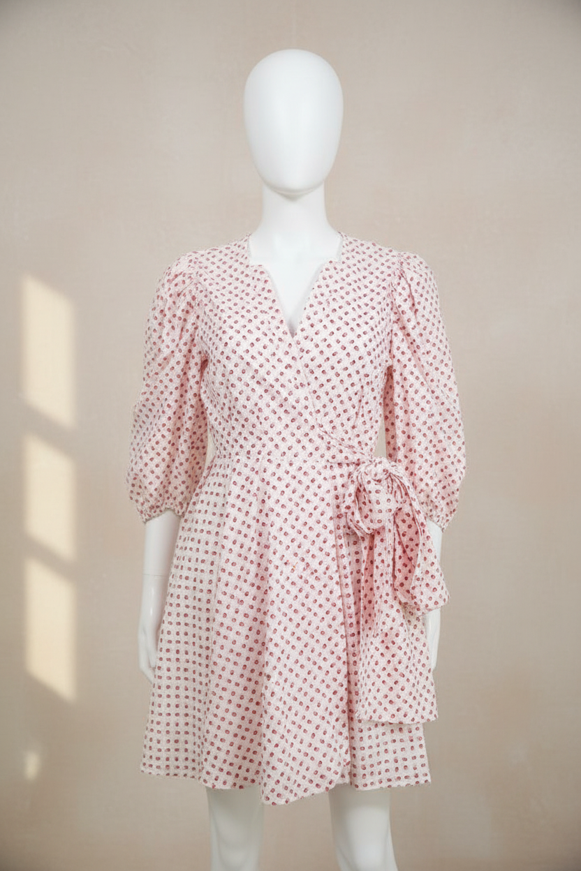 Robe d'été Frippindealz Claudie Pierlot blanche et rouge en coton avec motif floral, coupe portefeuille et manches ballons
