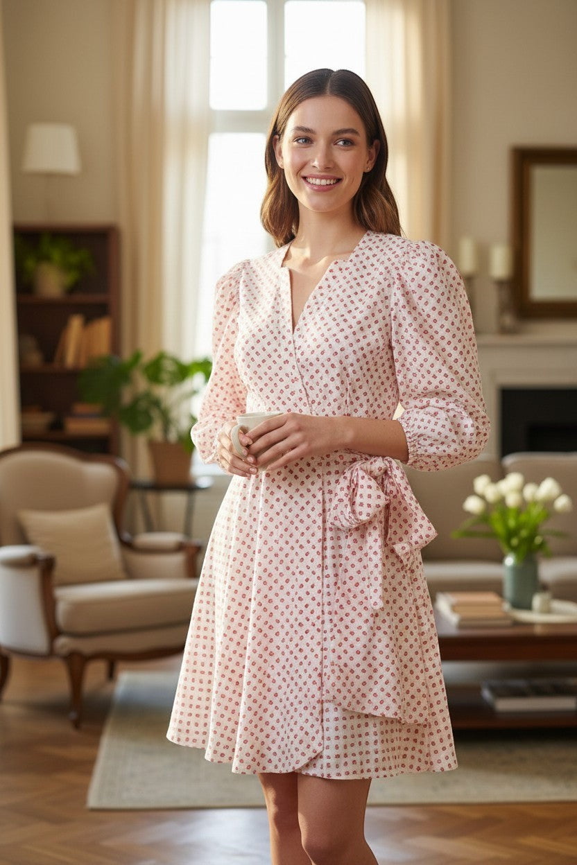 Robe portefeuille Frippindealz Claudie Pierlot blanche et rouge à motif floral, manches ballons et ceinture à nouer