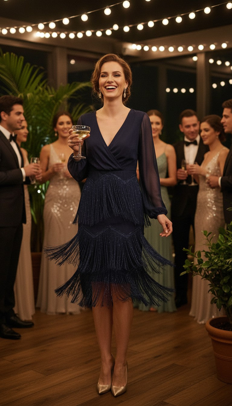 Femme souriante portant une robe de cocktail Frippindealz bleu marine à franges et manches longues lors d'une soirée