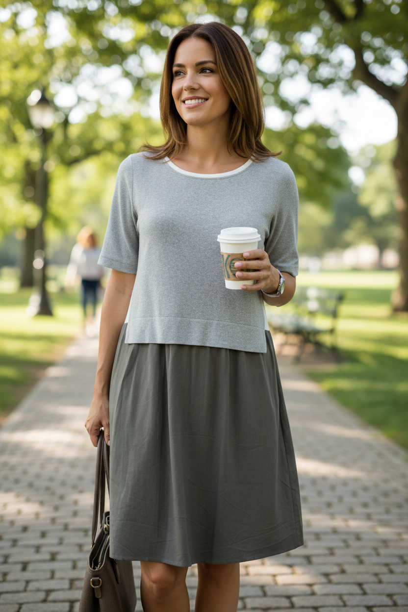 Femme portant une robe Frippindealz bicolore gris et blanc en coton et polyamide dans un parc ensoleillé