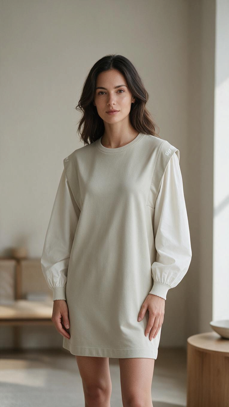 Robe courte beige Frippindealz en coton avec manches bouffantes contrastantes et col rond