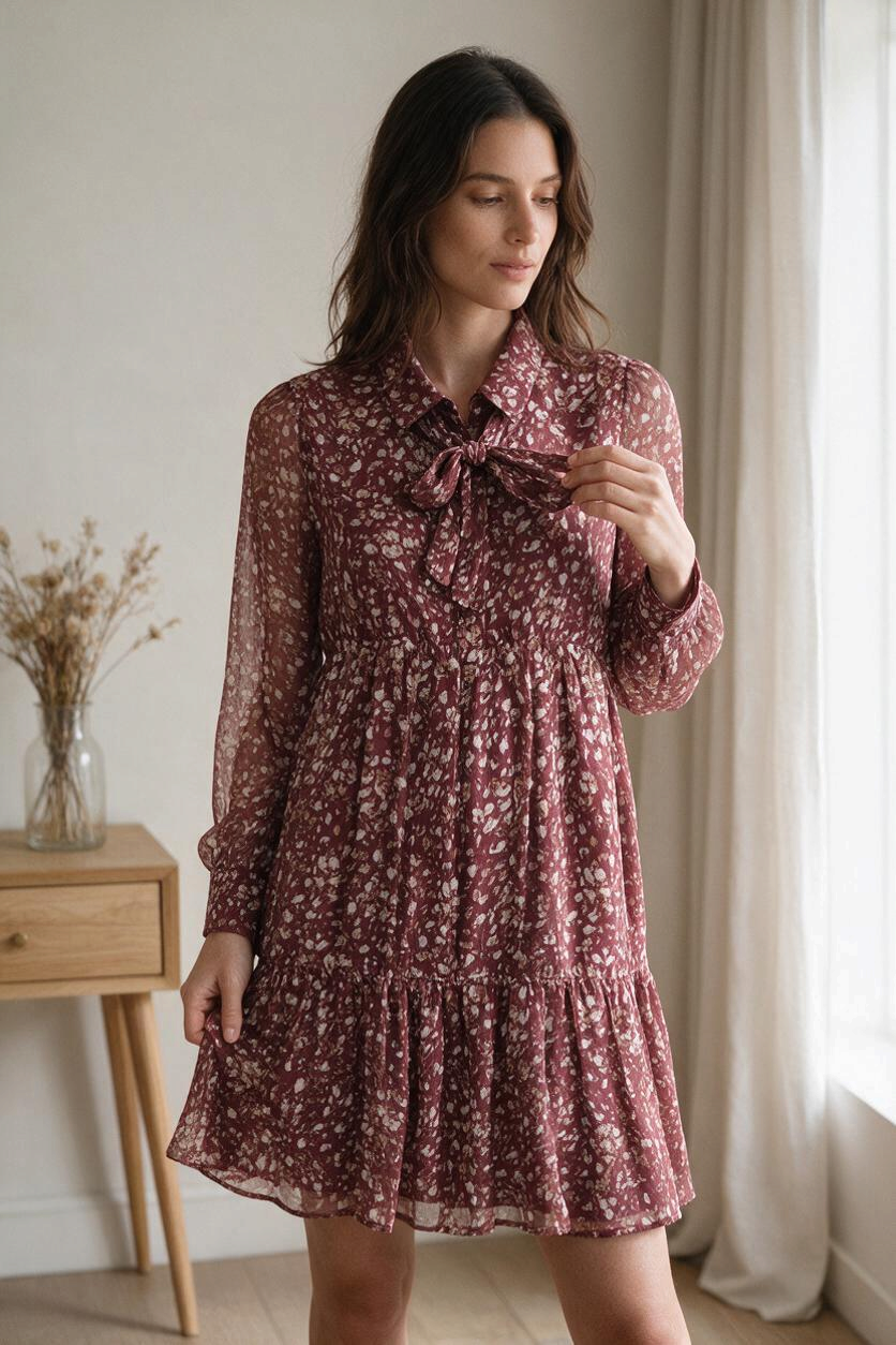Robe courte Suncoo bordeaux à imprimé fleuri avec col lavallière, portée par une femme dans un intérieur lumineux