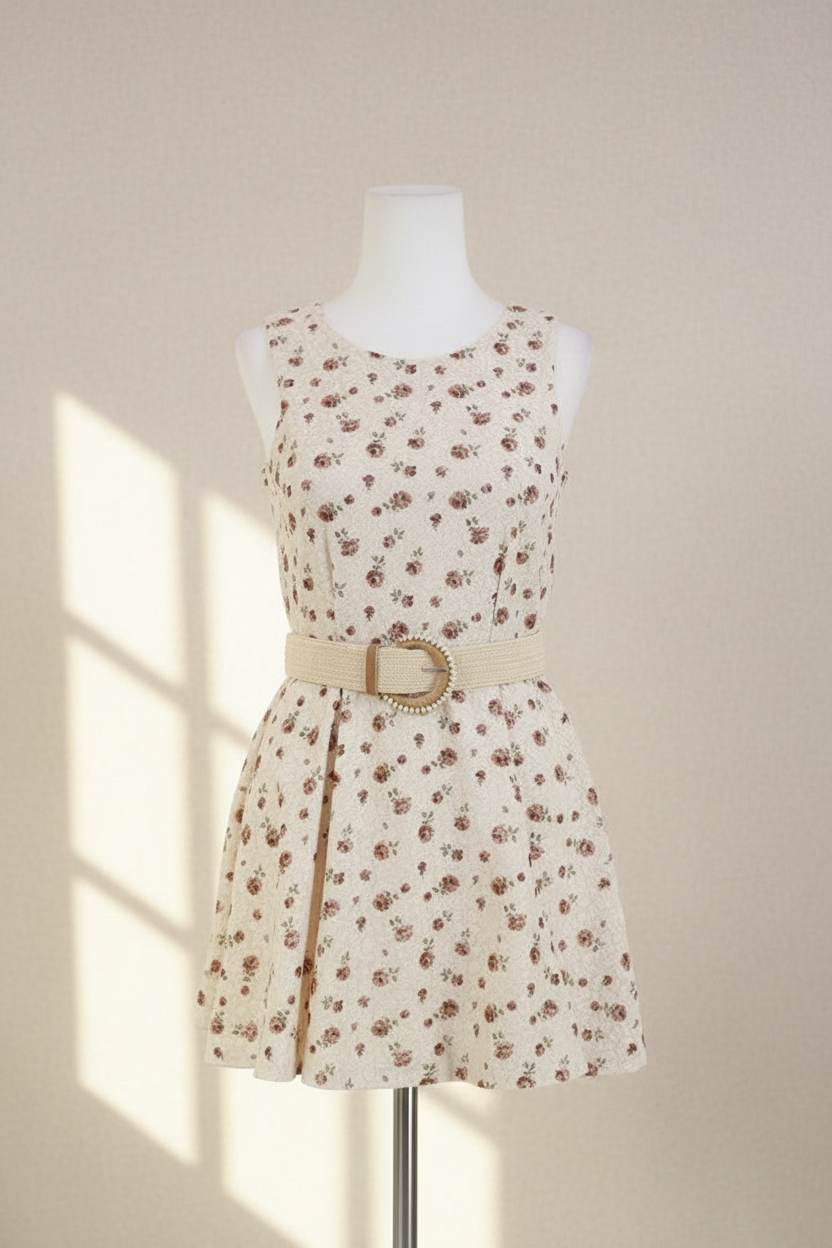 Robe courte d'été Frippindealz en dentelle crème à fleurs avec ceinture à boucle ronde sur mannequin