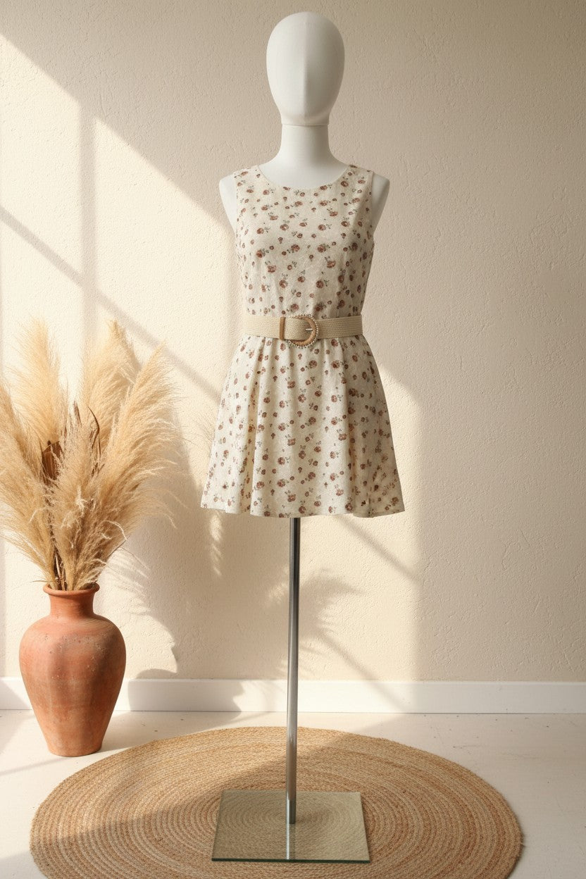 Robe courte Frippindealz Kirei beige à fleurs avec ceinture et encolure ronde sur mannequin