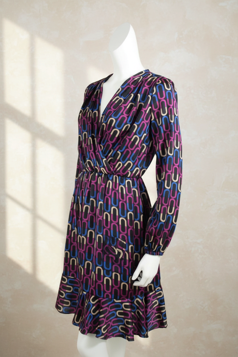 Robe courte Frippindealz Lolaliza en polyester noir et violet avec motif géométrique, col en V et manches longues
