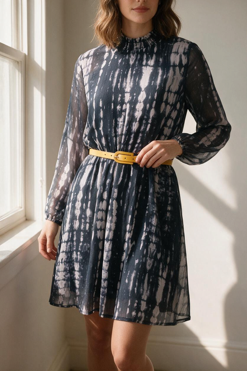 Robe courte Frippindealz en polyester gris et blanc à motif tie-dye avec col montant et ceinture jaune contrastante