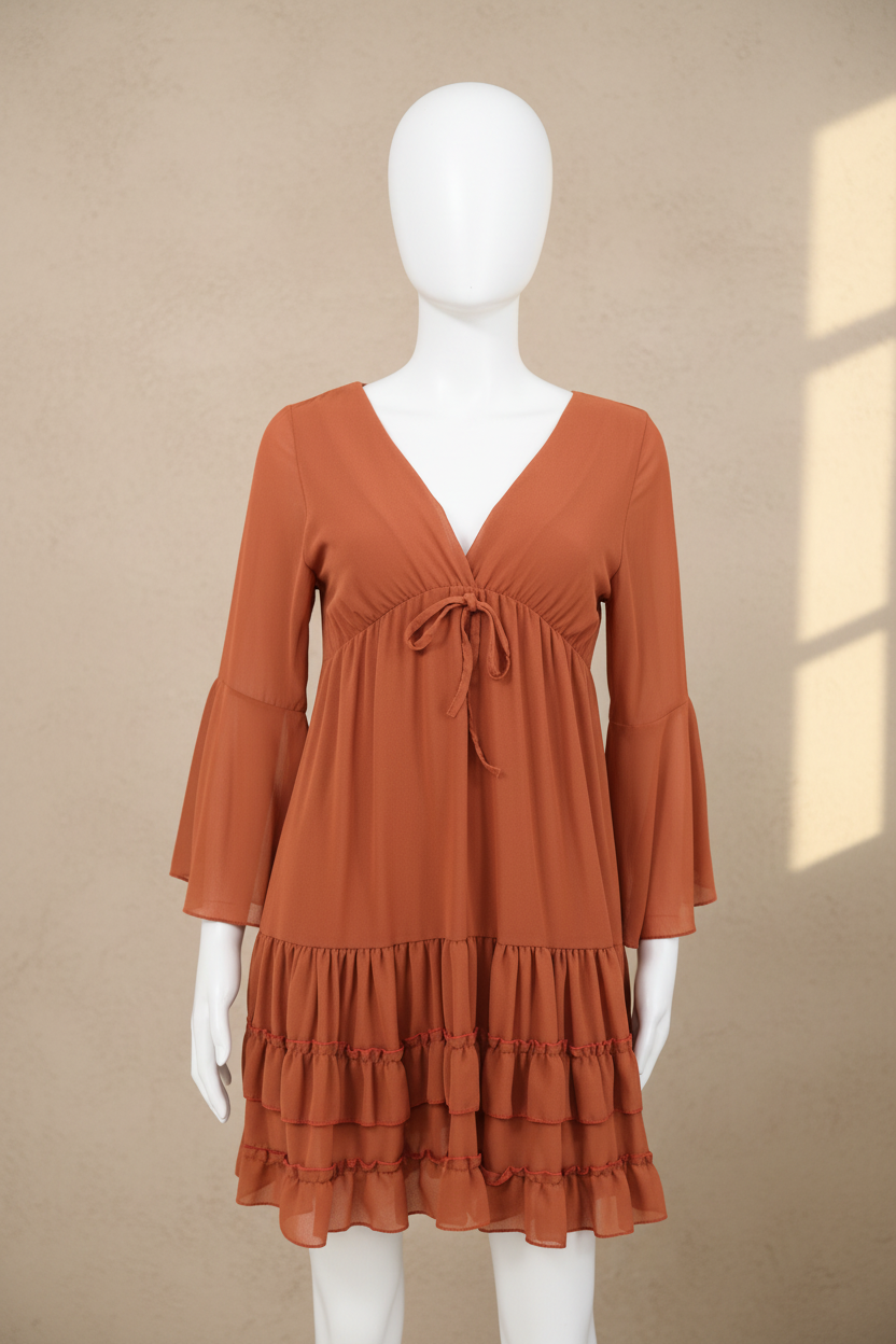 Robe courte Frippindealz marron en mousseline avec col en V, manches évasées et détails volantés sur le bas