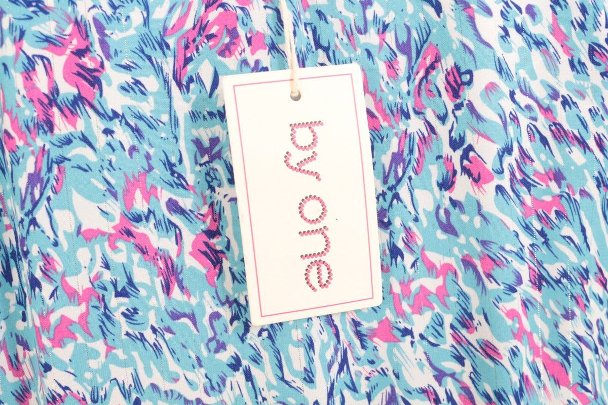 Robe courte Frippindealz en polyester blanc et bleu avec motif abstrait coloré et étiquette de marque By one