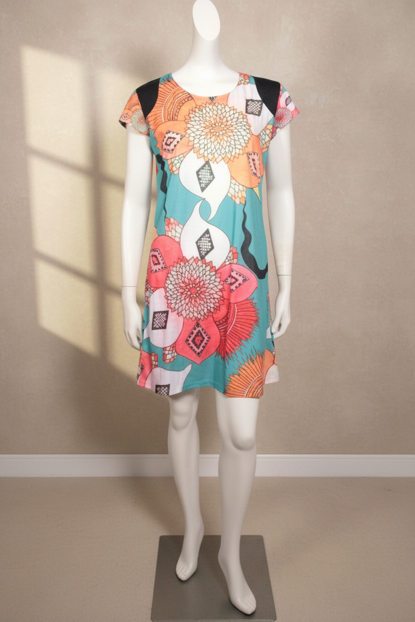 Robe courte multicolore Frippindealz en polyester avec imprimé floral graphique sur mannequin