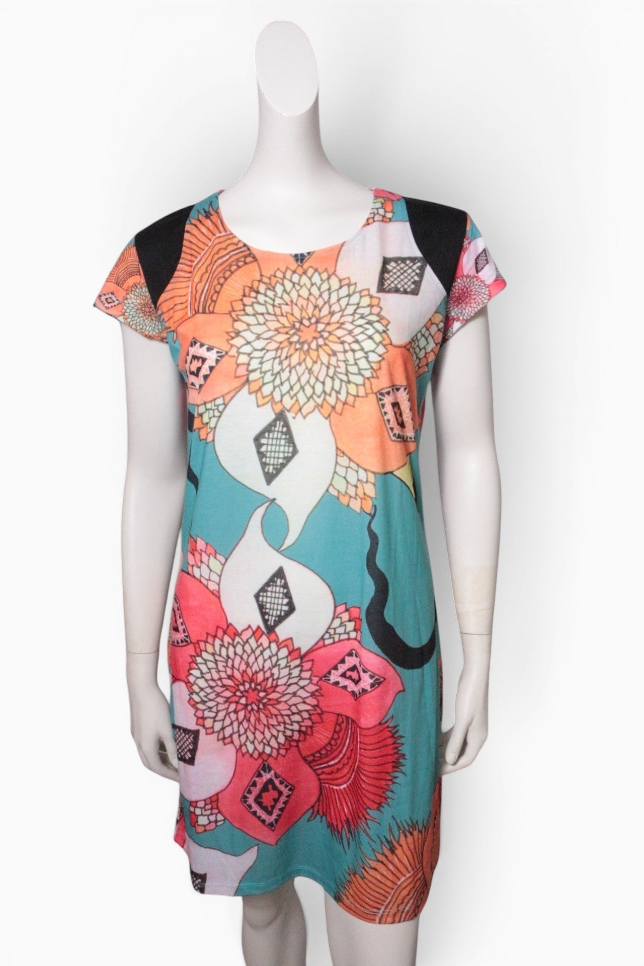 Robe courte Frippindealz en polyester multicolore avec imprimé floral abstrait et détails noirs sur les épaules