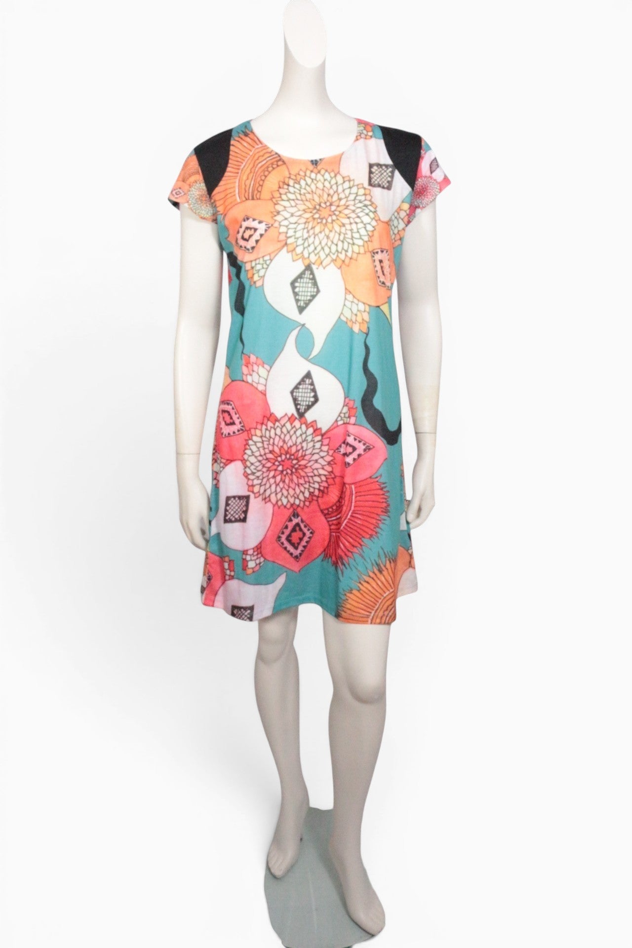 Robe courte Frippindealz en polyester multicolore avec imprimé floral graphique et détails noirs aux épaules
