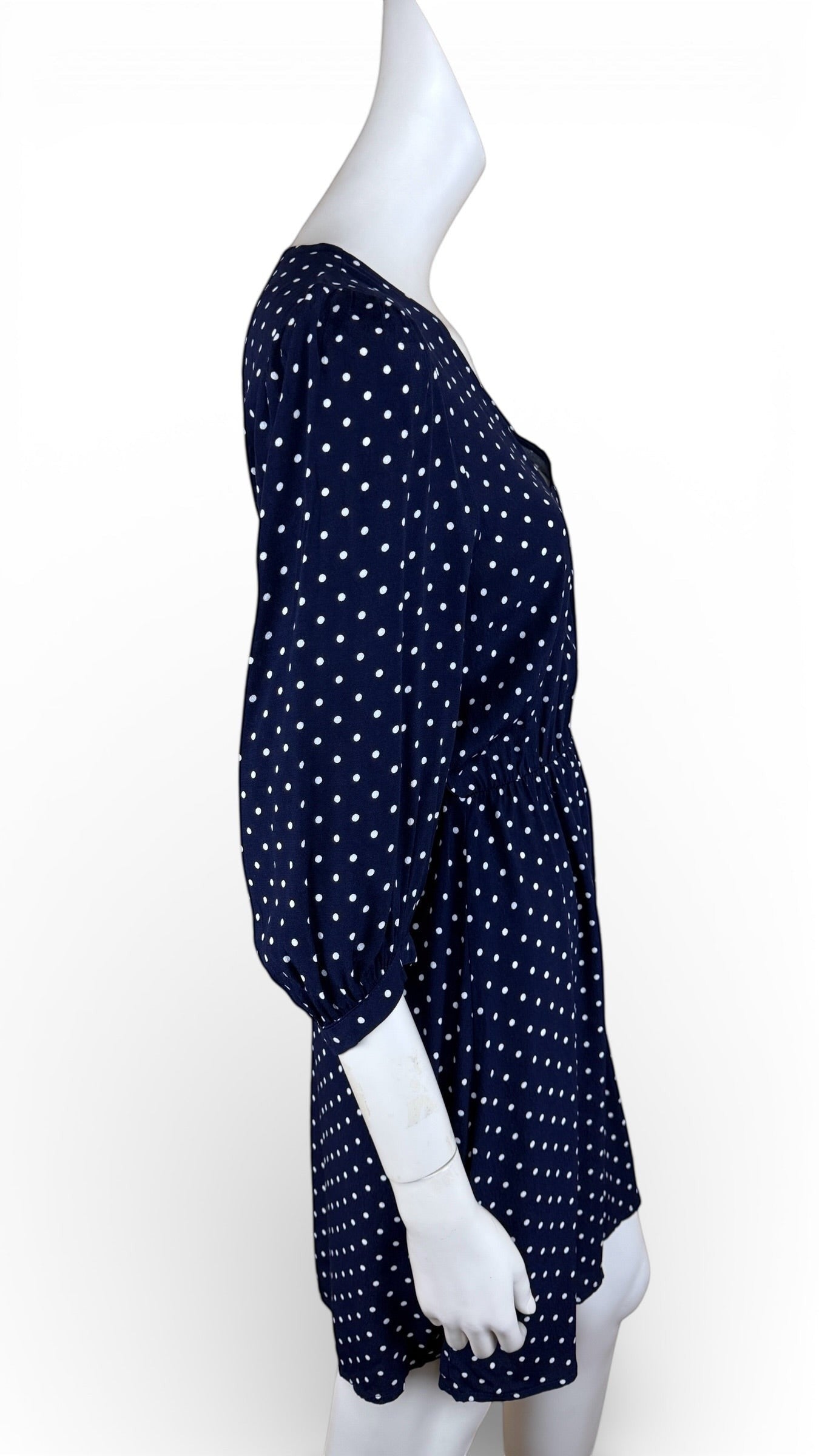 Frippindealz Robe courte bleu marine à pois blancs en viscose, manches 3/4, taille XS