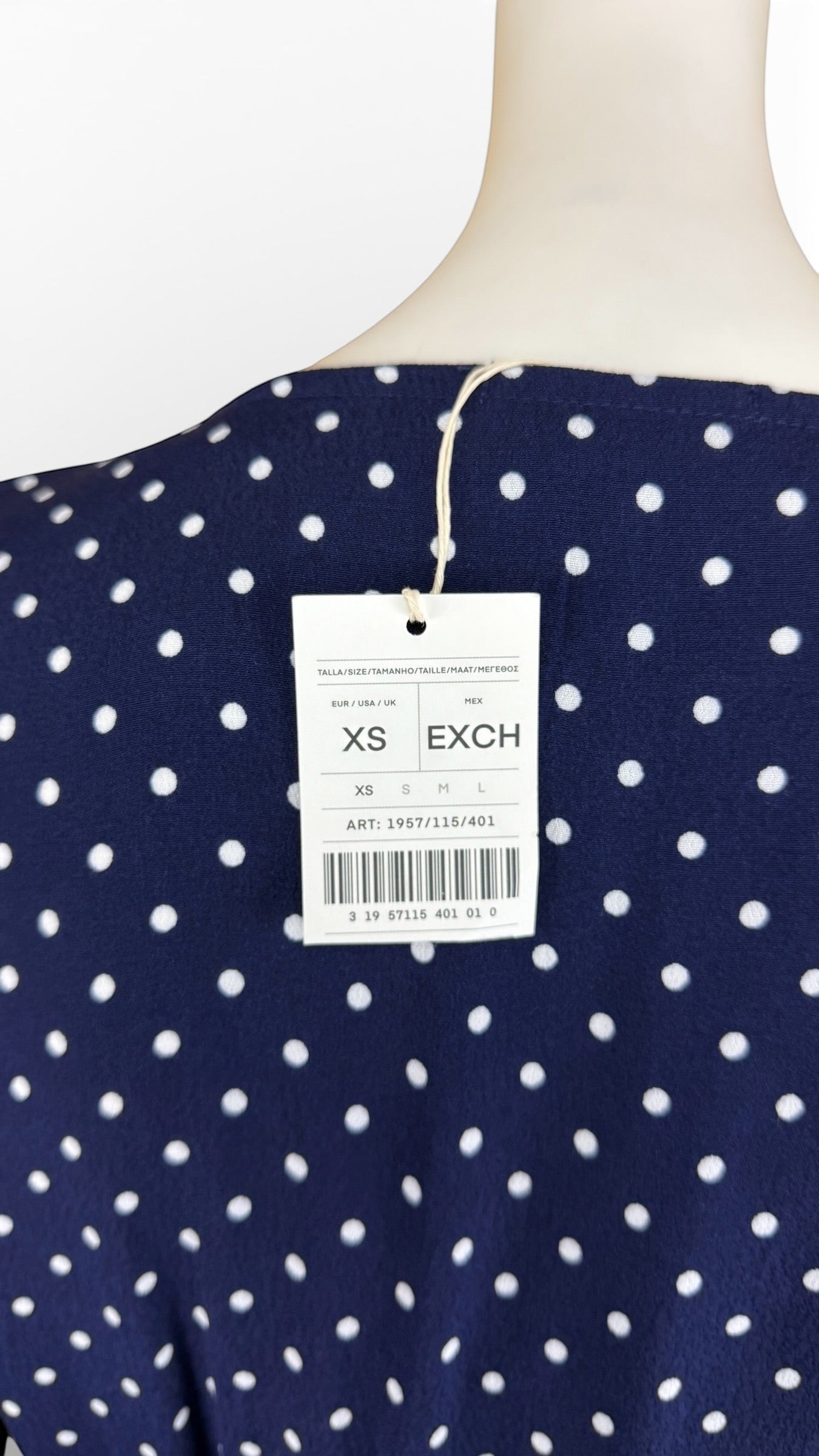 Frippindealz Robe courte bleu marine à pois blancs en viscose, taille XS. Neuve avec étiquette.