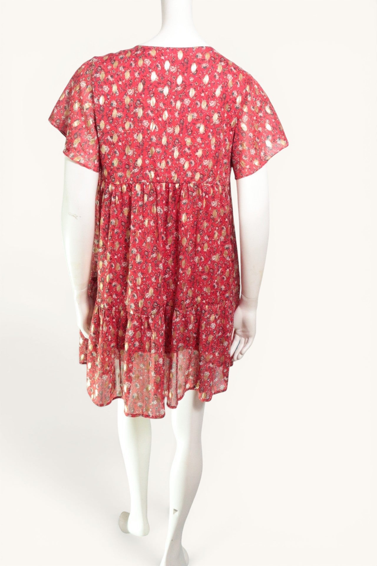 Robe courte Frippindealz Lili & Lala rouge et dorée en polyester avec imprimé floral et manches courtes