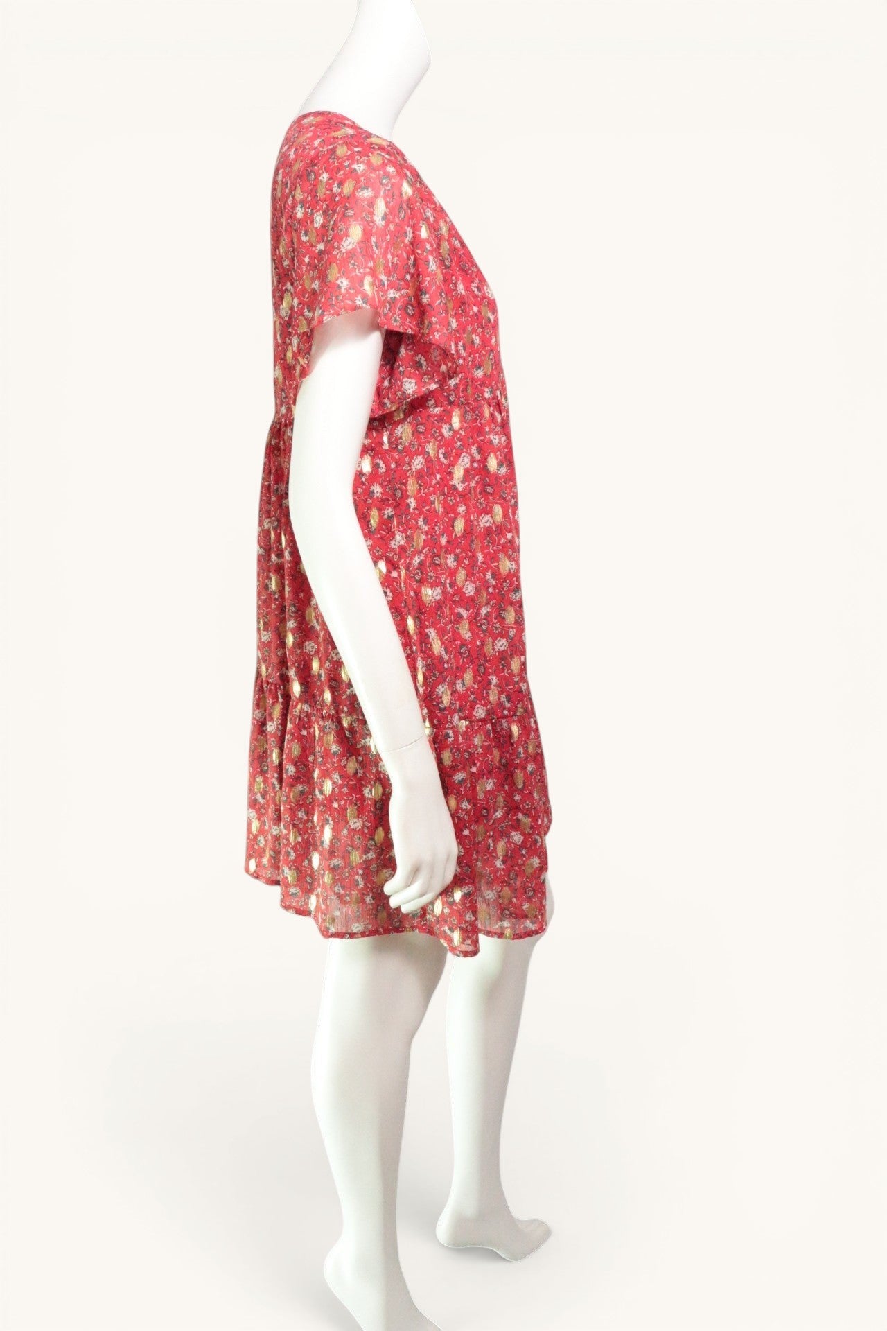 Robe courte Frippindealz Lili & Lala rouge et dorée à motifs floraux, en polyester avec manches légères