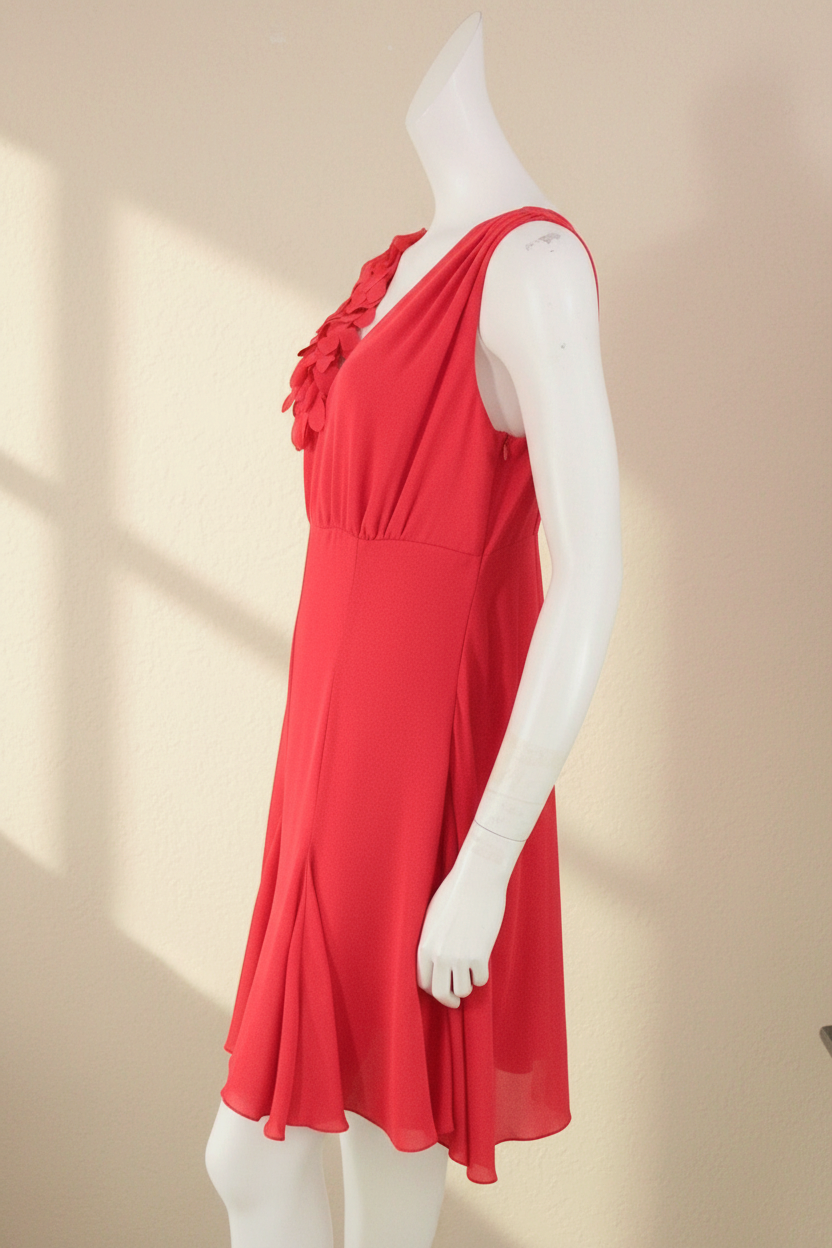 Robe courte rouge Frippindealz en polyester avec détail floral sur l'épaule sur un mannequin