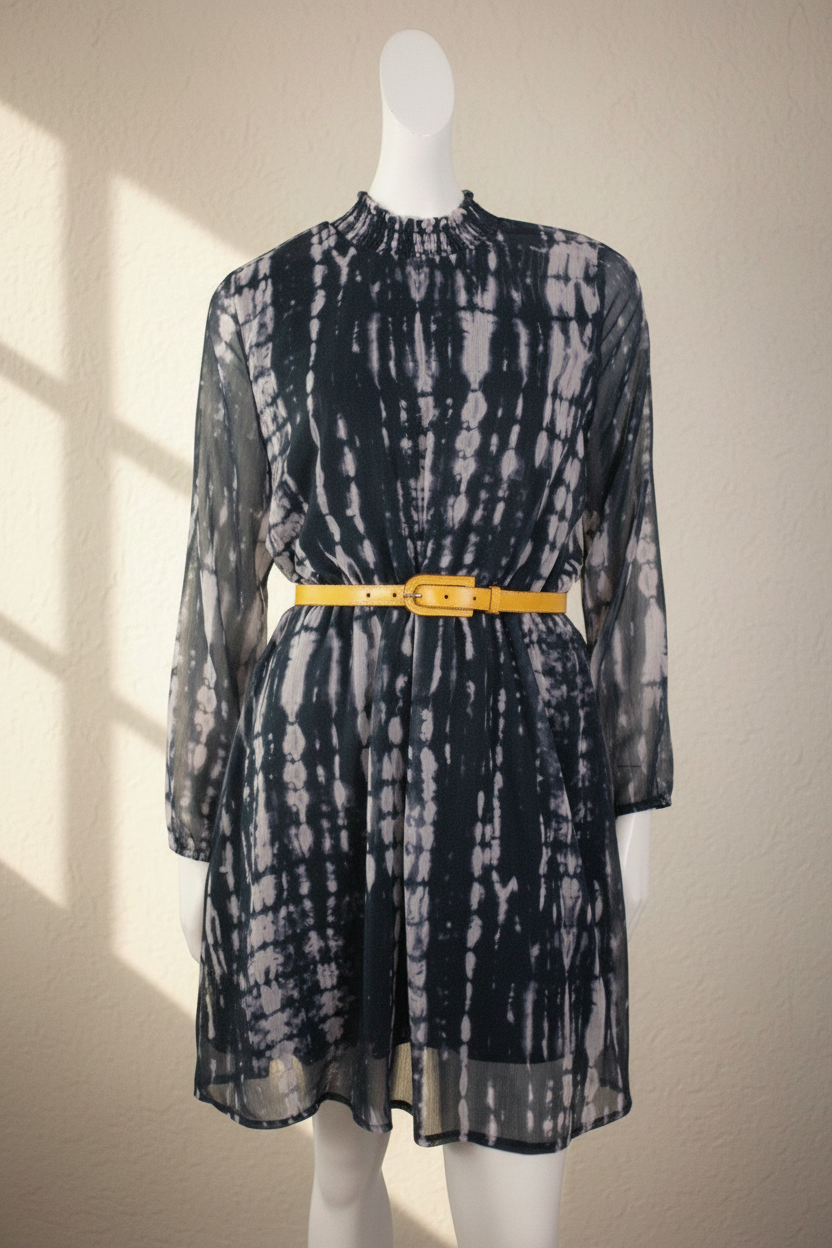 Robe courte Frippindealz en polyester gris et blanc avec motif tie-dye, col montant et ceinture jaune contrastante