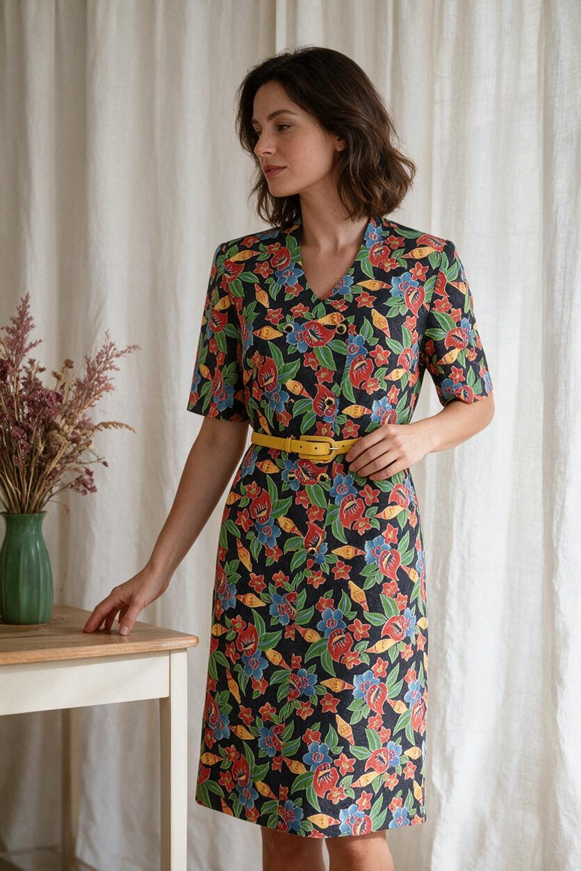 Robe mi-longue Frippindealz Coutureine en polyester bleu marine avec imprimé floral multicolore et col en V