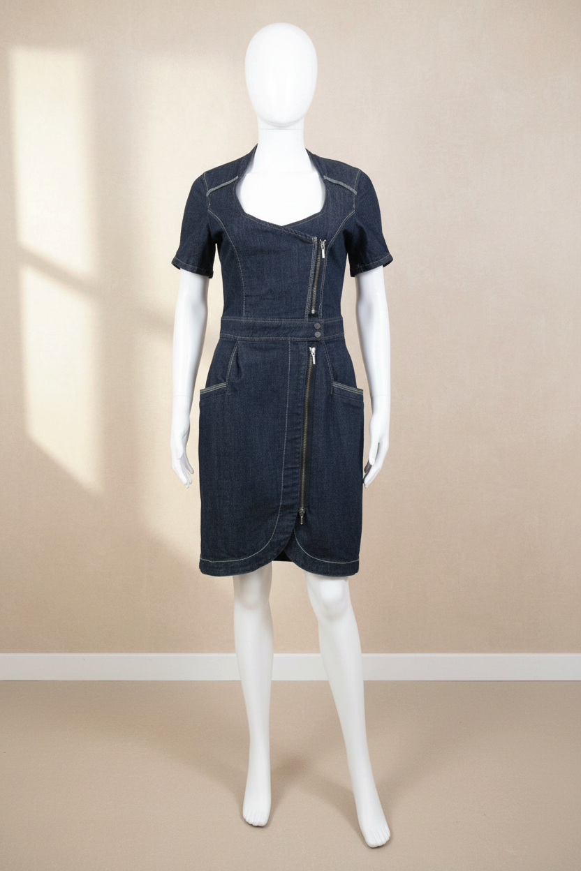 Robe courte en denim bleu Frippindealz avec fermeture zippée frontale asymétrique et poches latérales