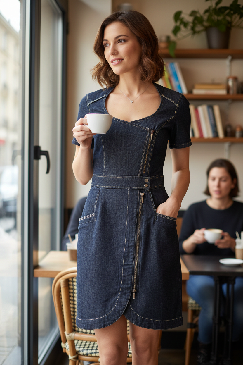 Robe courte en denim bleu Frippindealz avec fermeture zippée asymétrique et poches, portée par une femme dans un café