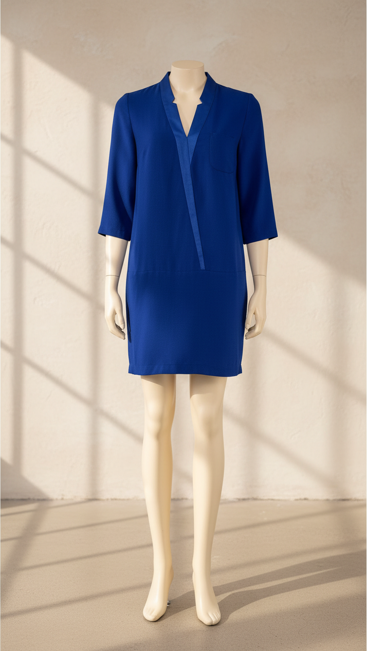 Robe droite bleu cobalt Frippindealz en polyester avec col en V, manches trois quarts et poche poitrine
