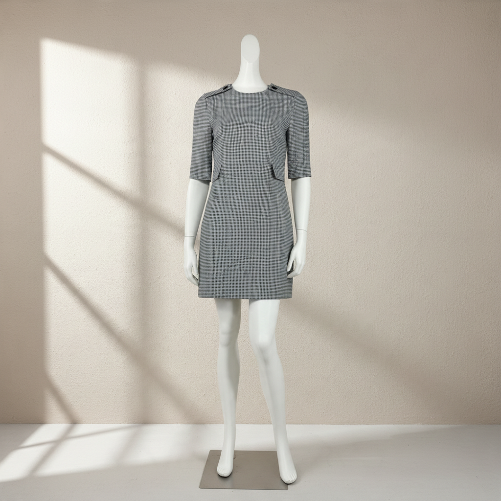 Robe droite Frippindealz à motif pied-de-poule noir et blanc avec boutons décoratifs sur les épaules