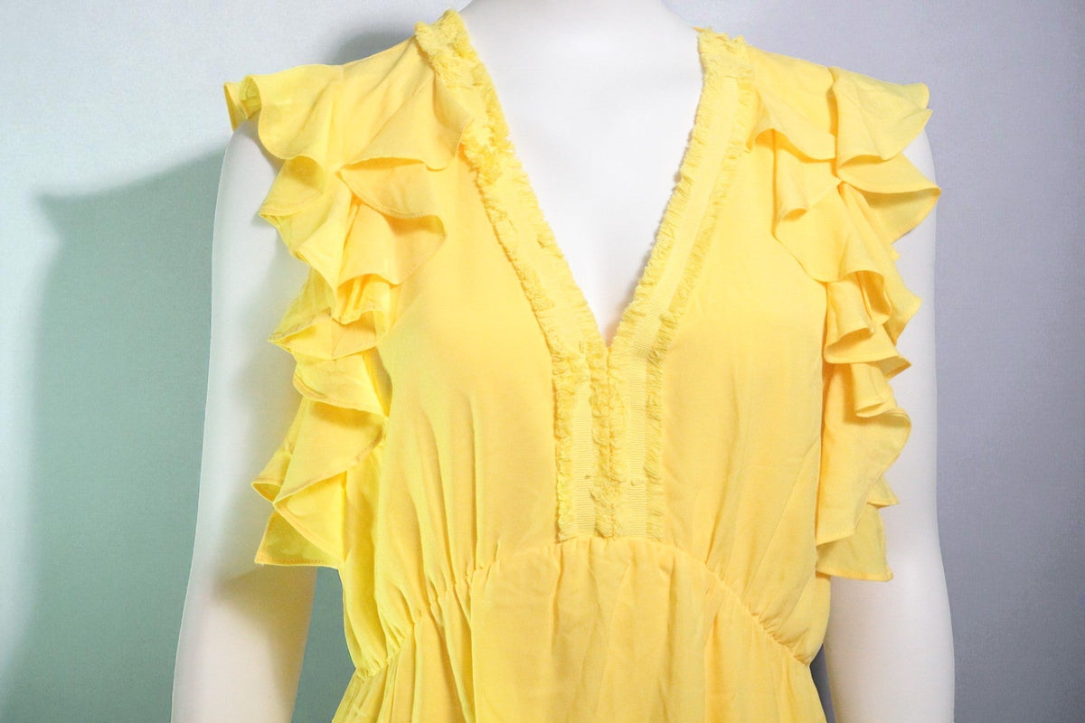 Robe mi-longue Frippindealz jaune vif en polyester avec col en V, volants aux épaules et détails effilochés