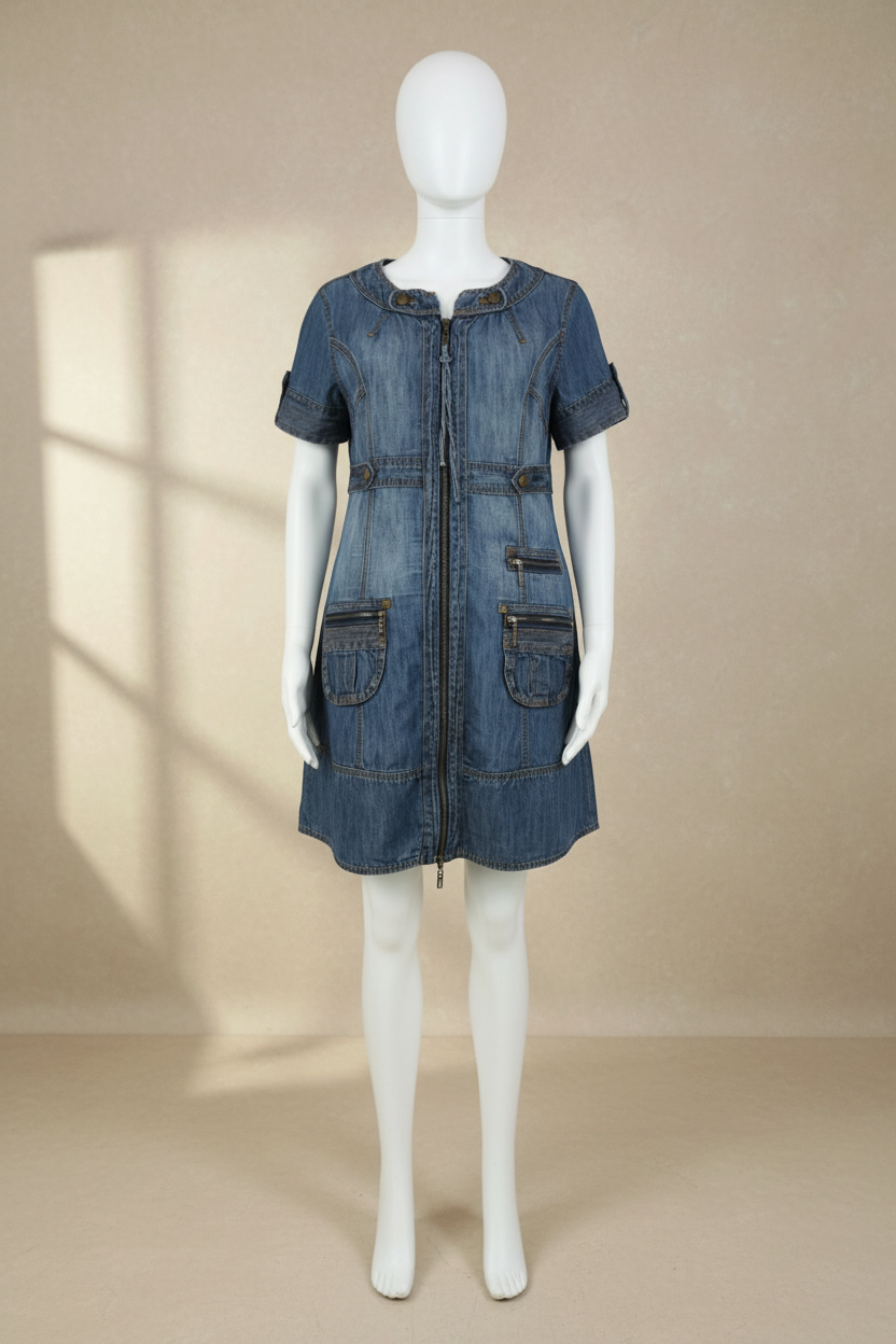 Robe courte en denim bleu Karen Millen avec fermeture éclair frontale et poches multiples, style urbain Frippindealz