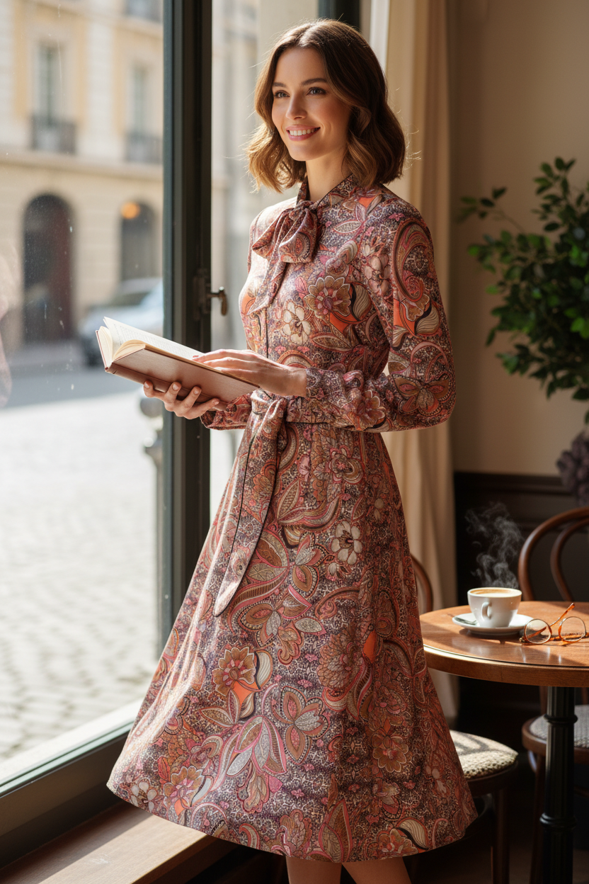 Femme souriante portant une robe K design multicolore à motifs cachemire orange et beige avec un col lavallière