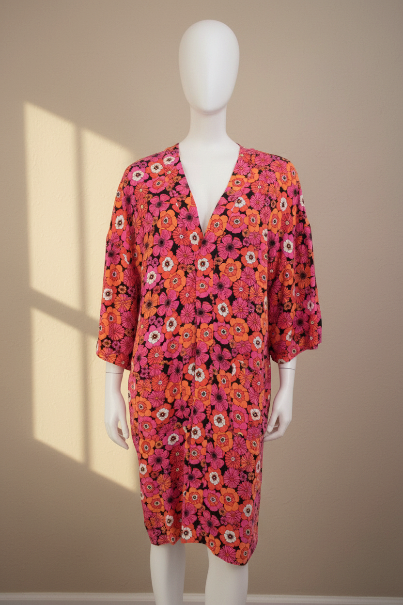 Robe kimono Frippindealz en viscose à imprimé floral vibrant rose et orange sur fond noir, coupe mi-longue.