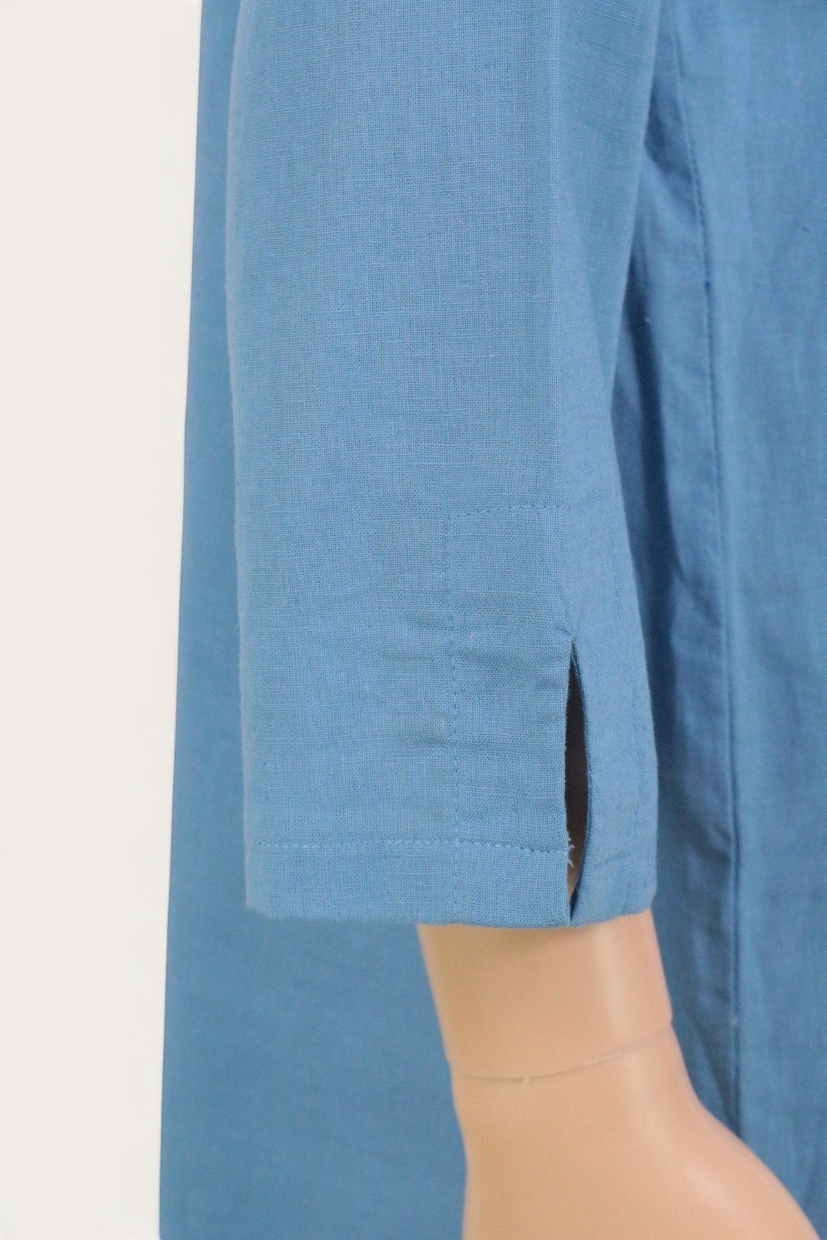 Robe longue bleue en lin et coton, manches 3/4 fendues, Frippindealz