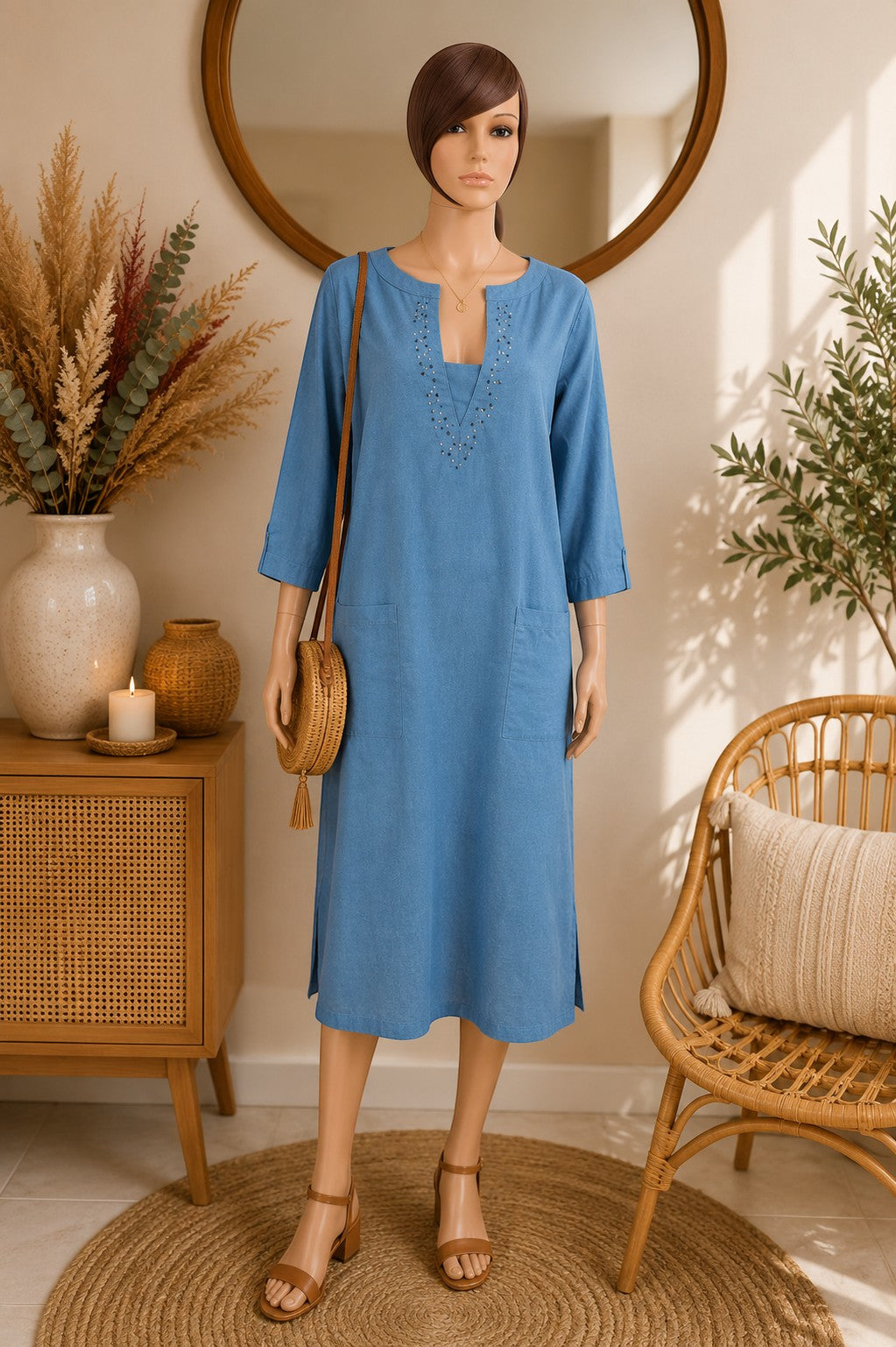 Robe longue bleue en lin et coton, col V orné de perles, manches 3/4, poches avant. Frippindealz.
