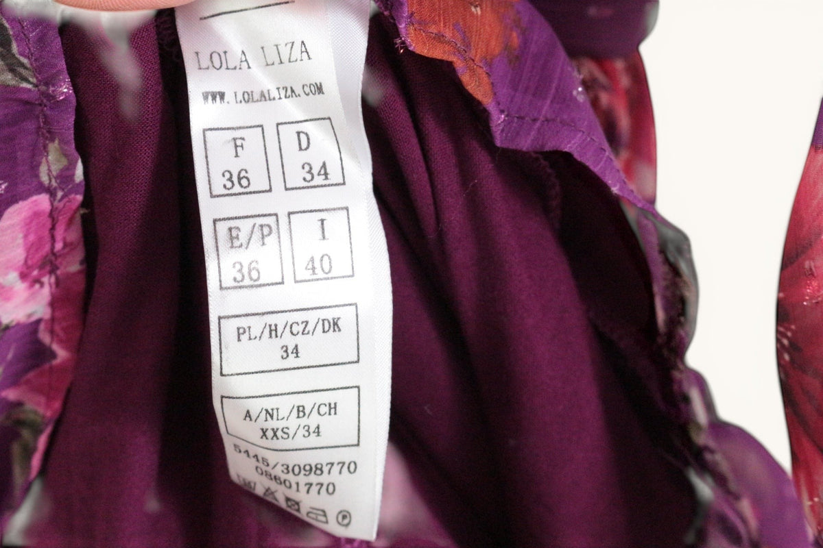 Frippindealz Robe longue Lolaliza violette et rose à imprimé floral, viscose, neuve avec étiquette.