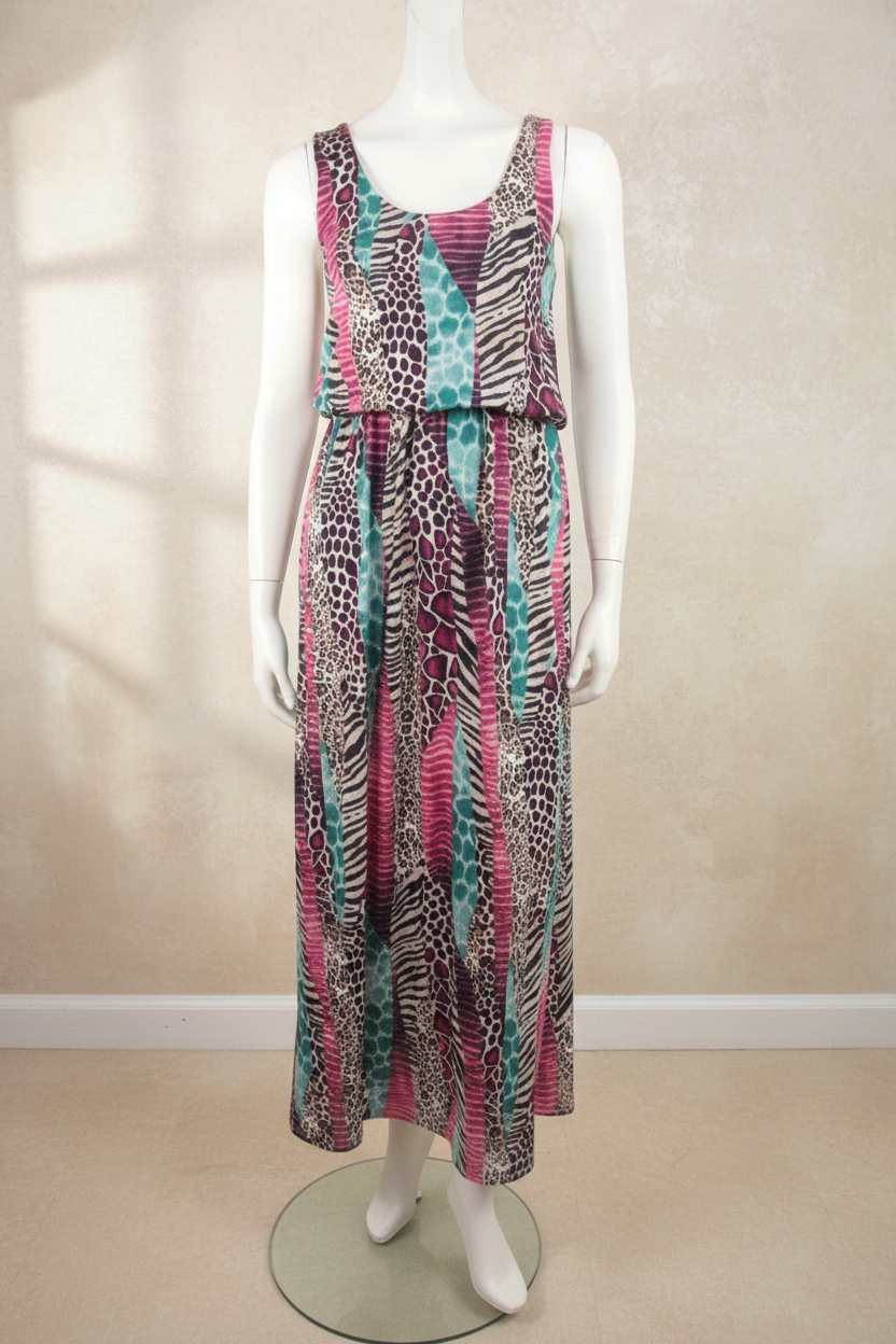 Robe longue Frippindealz en viscose multicolore avec motif animalier, coupe fluide sans manches pour l'été