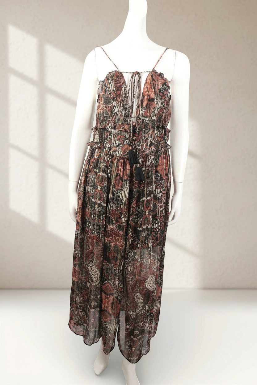 Robe longue Frippindealz Zara en viscose fluide à motifs bohèmes marron, doré et noir avec bretelles fines