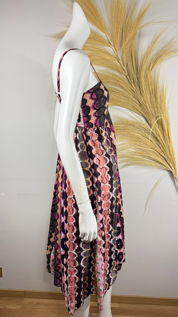 Robe longue Frippindealz Pucci & Co Luxury en coton fuchsia à imprimé bohème, bretelles ajustables et dos smocké