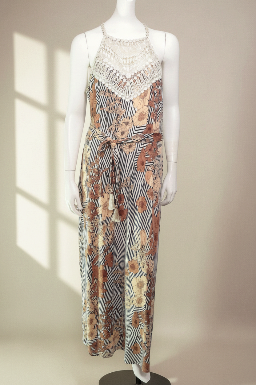Robe longue Frippindealz K design à motif floral et rayures, avec empiècement en dentelle blanche et ceinture assortie