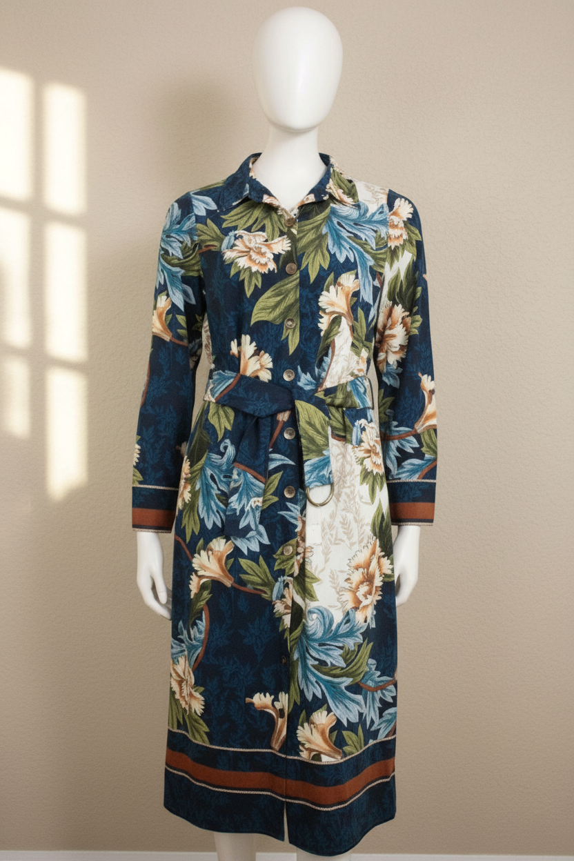 Robe longue Frippindealz à imprimé floral bleu et beige avec col chemise, manches longues et ceinture à nouer