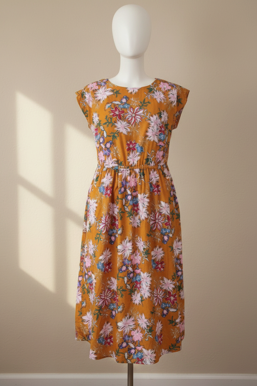 Robe longue Frippindealz jaune à motif floral multicolore, coupe cintrée en polyester, présentée sur un mannequin.