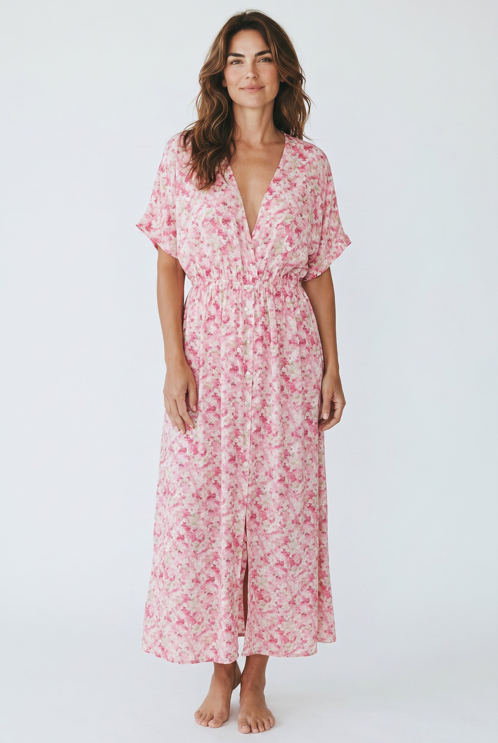 Frippindealz Robe longue bohème en viscose 100% rose à imprimé floral, décolleté cache-cœur, taille élastiquée.