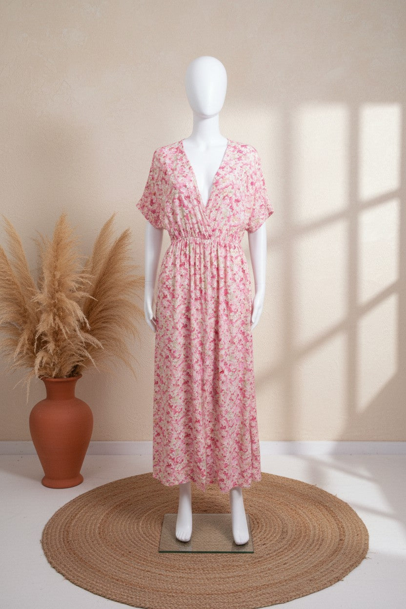 Robe longue bohème Frippindealz en viscose rose à imprimé floral, décolleté cache-cœur et taille élastiquée
