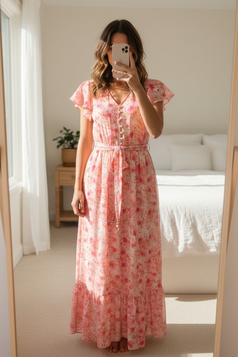 Robe longue Frippindealz rose à fleurs avec manches volantées et ceinture, style bohème chic.