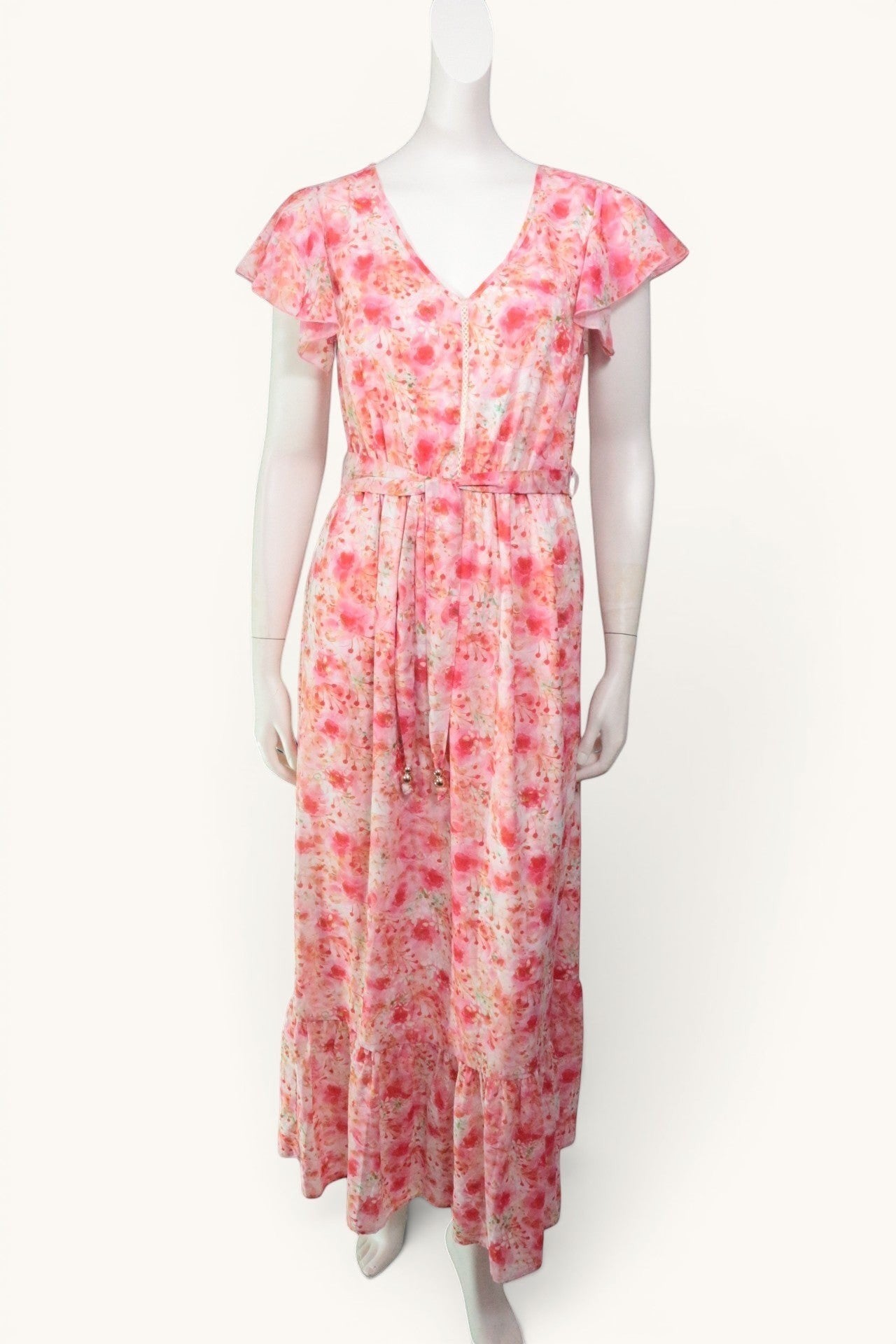 Robe longue Frippindealz K design rose à fleurs, coupe évasée avec ceinture et manches courtes, en polyester neuf