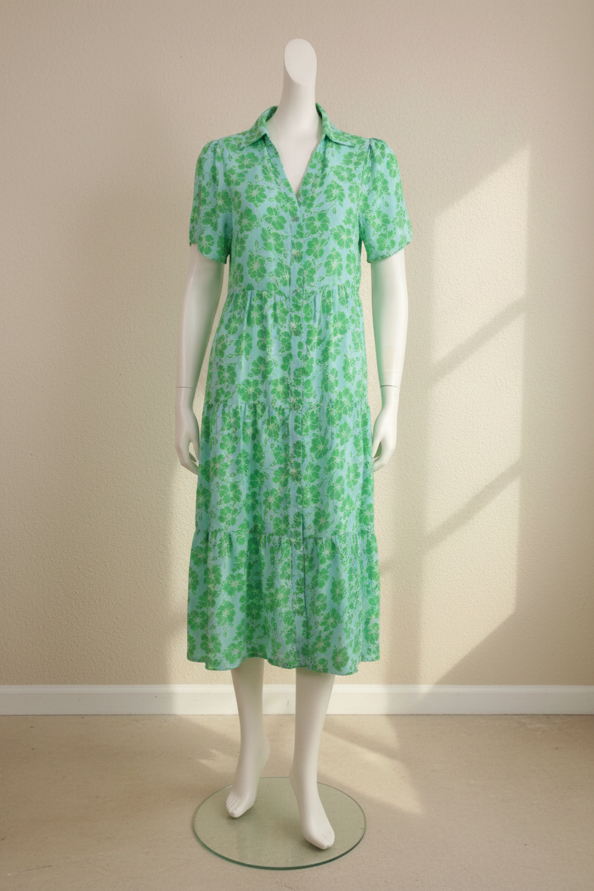 Robe longue Frippindealz en polyester vert et bleu clair avec imprimé feuillage, col chemise et manches courtes