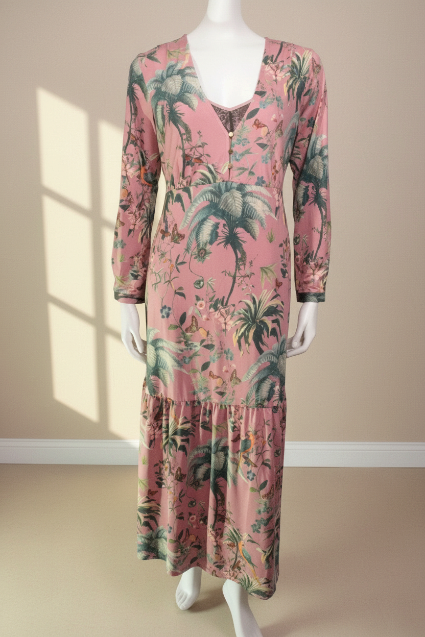 Robe longue Frippindealz en polyester beige à motif jungle tropicale, manches longues et col en V