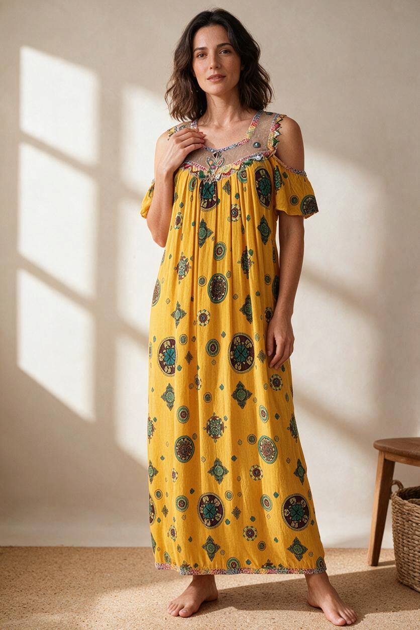 Robe longue Frippindealz jaune en coton avec motifs berbères, épaules dénudées et détails en maille transparente