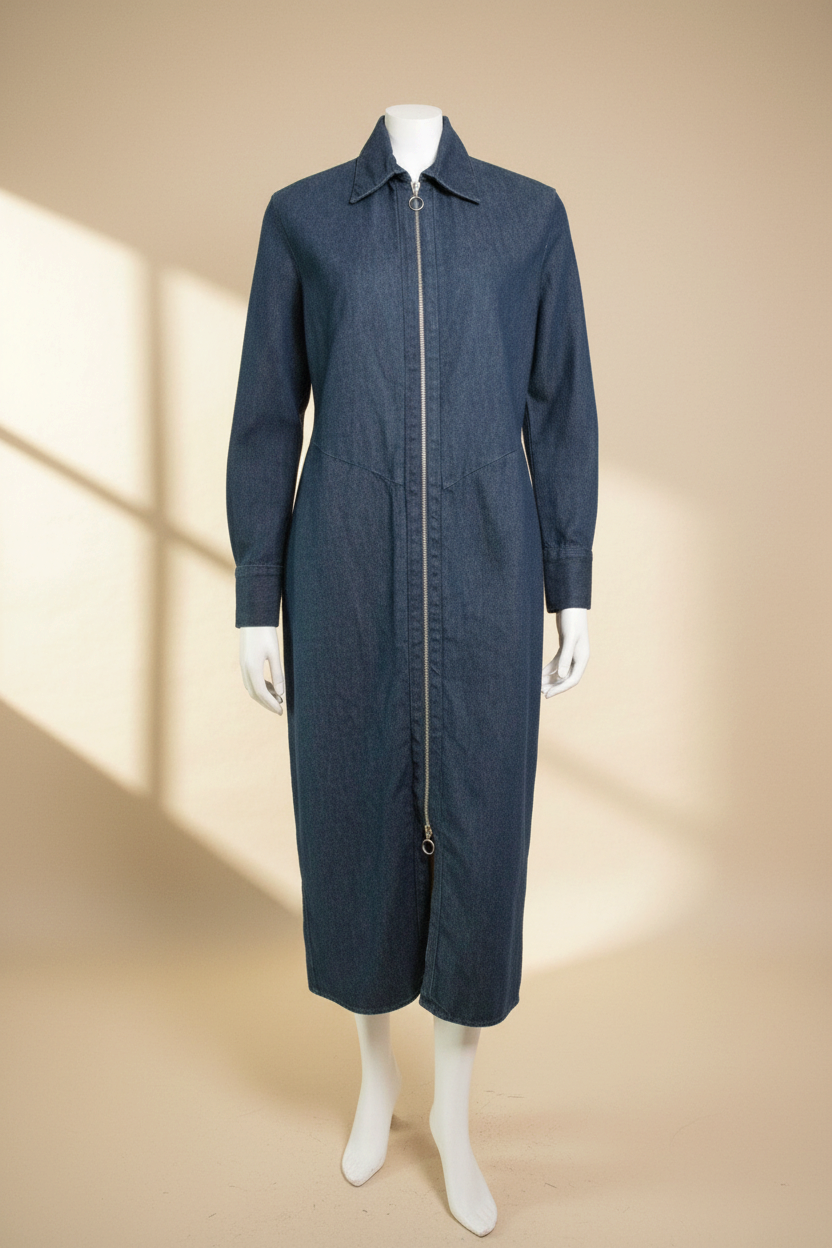 Robe longue en jean bleu Zara avec fermeture éclair frontale intégrale, présentée sur un mannequin chez Frippindealz