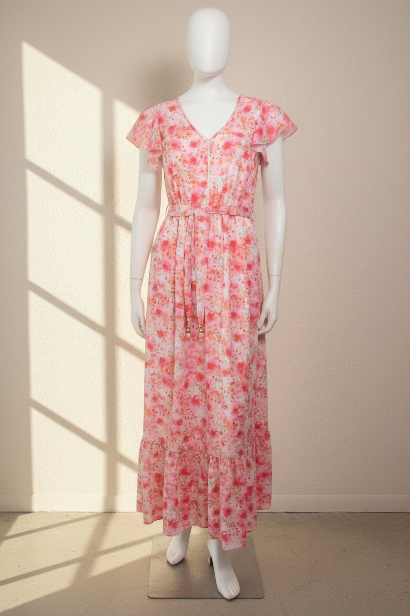 Robe longue Frippindealz K design rose à fleurs avec manches volantées et ceinture, coupe évasée en polyester